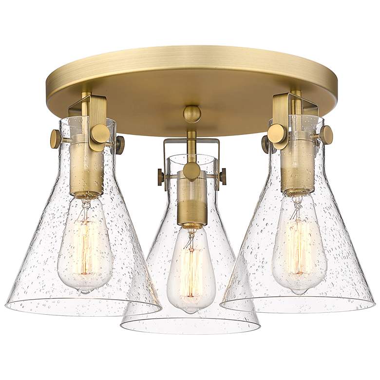 Image 1 Newton Cone 19.6" Wide 3 Light Brushed Brass Flush Mount with Seedy Sh