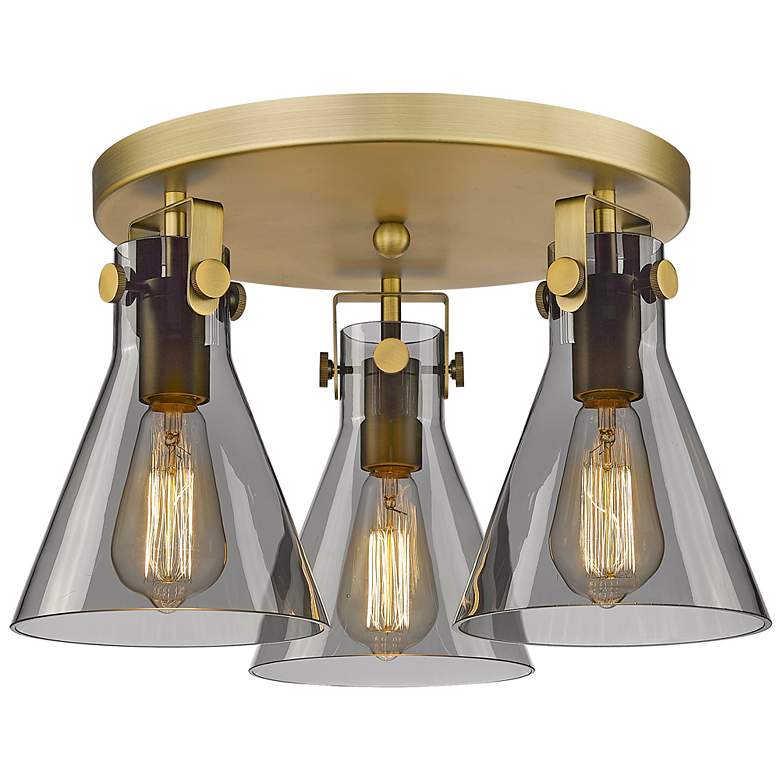Image 1 Newton Cone 19.6" Wide 3 Light Brushed Brass Flush Mount with Smoke Sh