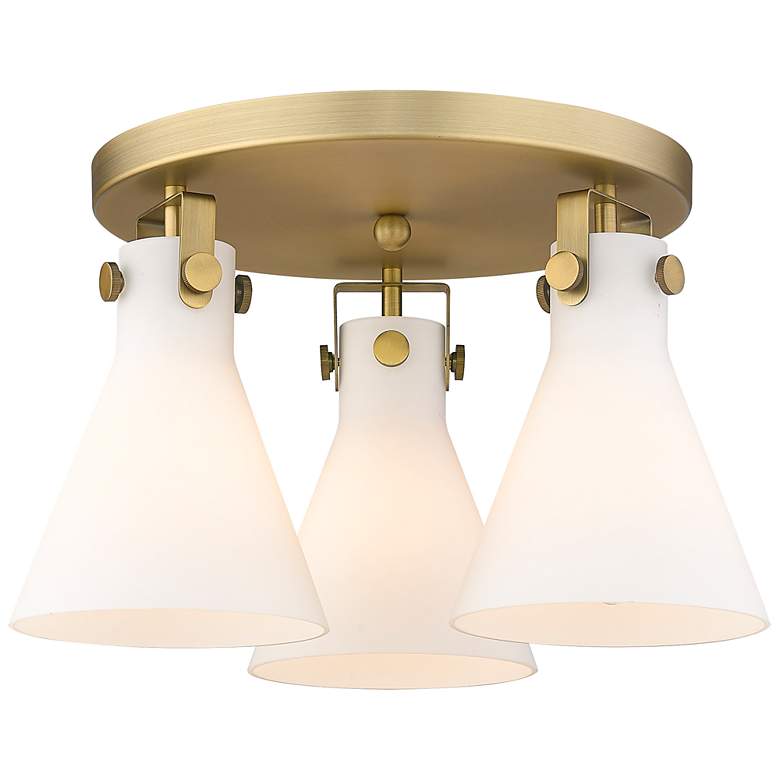 Image 1 Newton Cone 19.6" Wide 3 Light Brushed Brass Flush Mount with White Sh