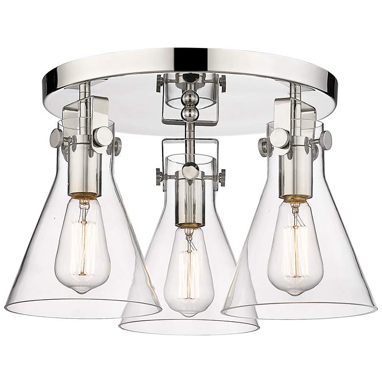 Image 1 Newton Cone 19.6" Wide 3 Light Polished Nickel Flush Mount with Clear