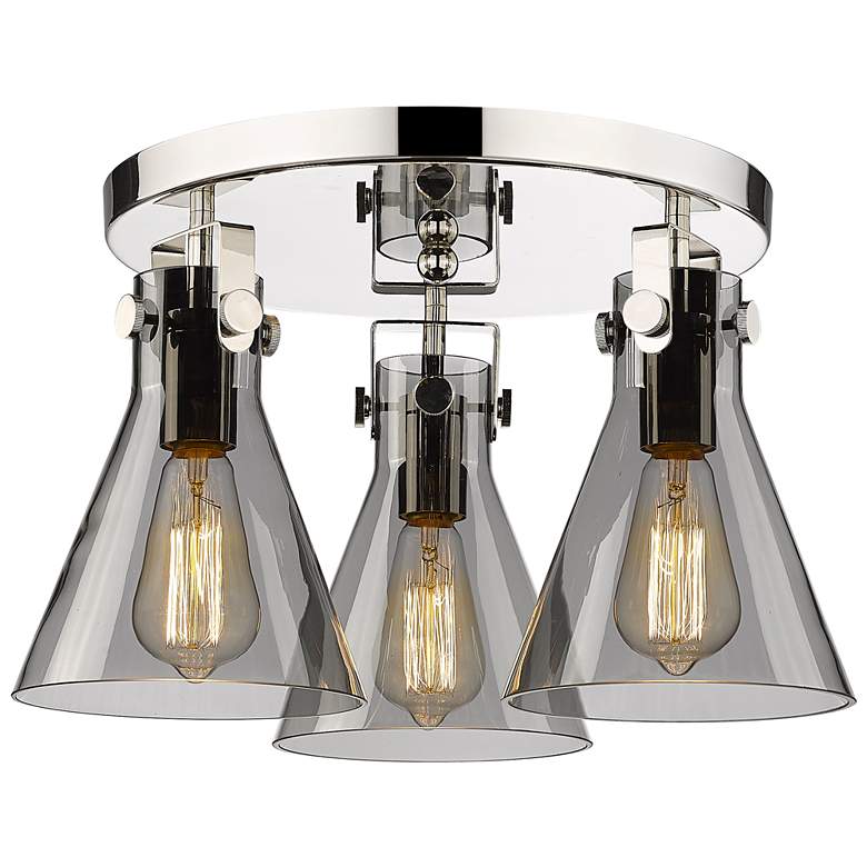 Image 1 Newton Cone 19.6" Wide 3 Light Polished Nickel Flush Mount with Smoke