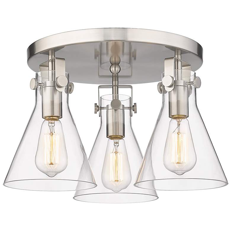 Image 1 Newton Cone 19.6" Wide 3 Light Satin Nickel Flush Mount with Clear Sha