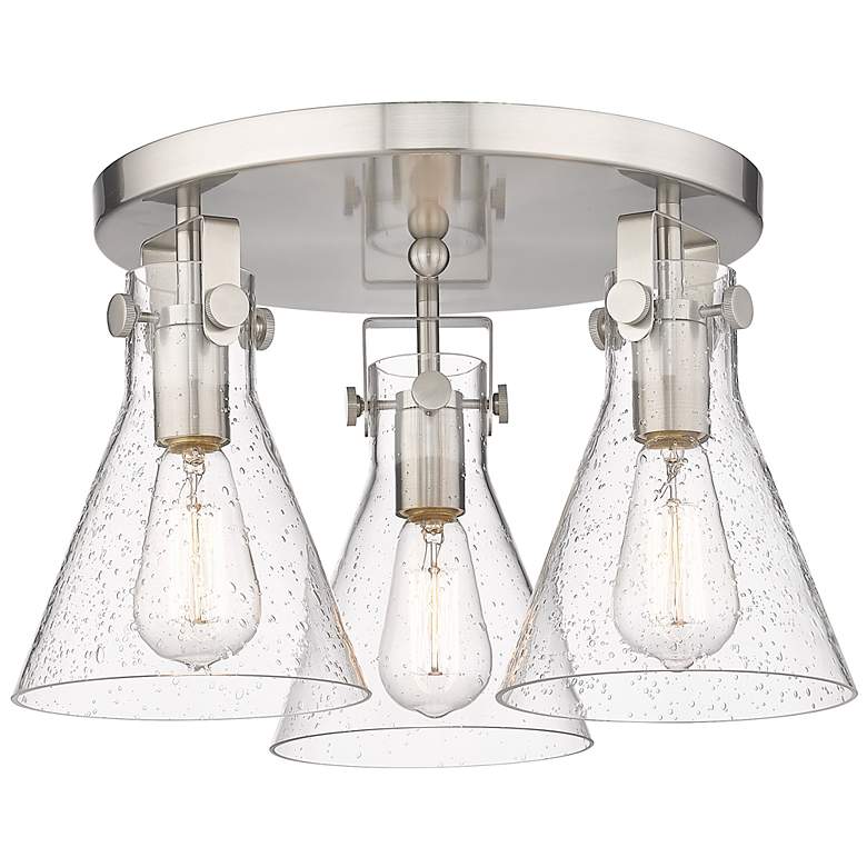 Image 1 Newton Cone 19.6" Wide 3 Light Satin Nickel Flush Mount with Seedy Sha