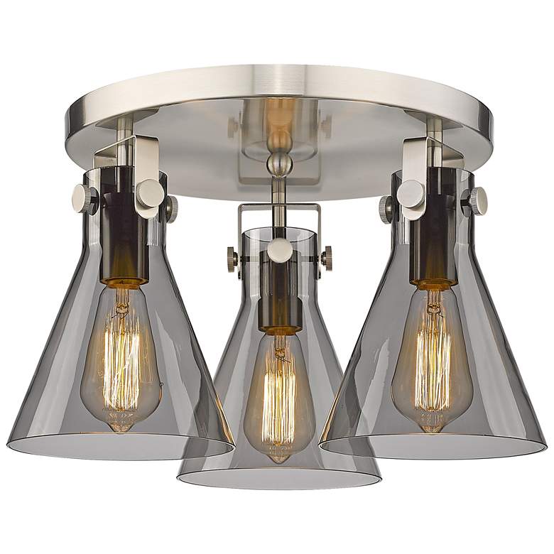 Image 1 Newton Cone 19.6" Wide 3 Light Satin Nickel Flush Mount with Smoke Sha