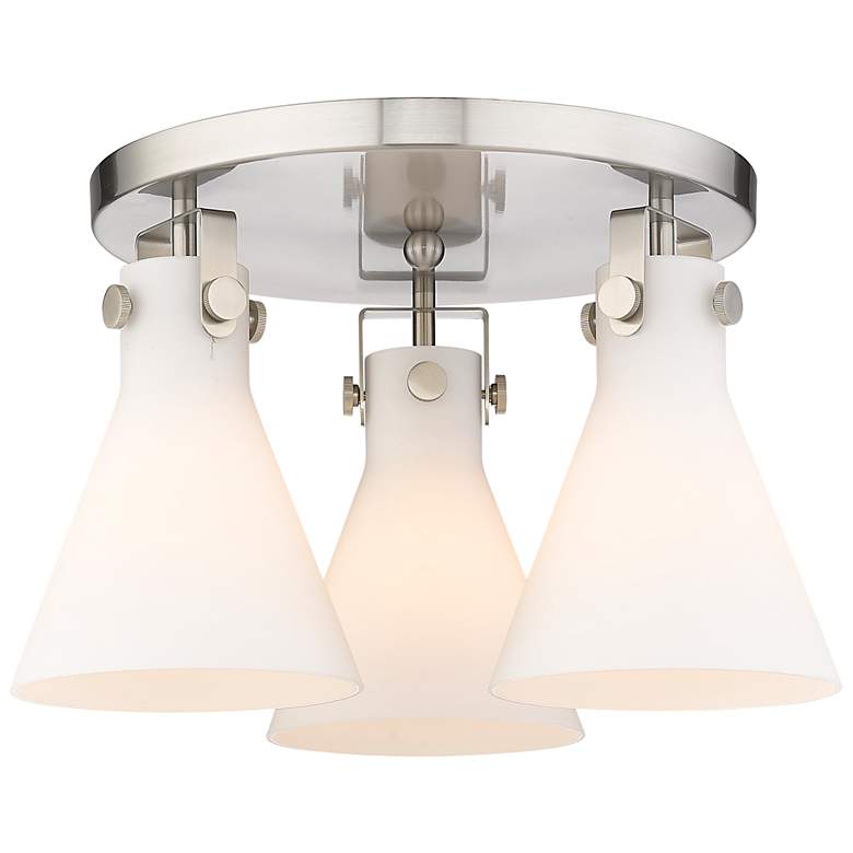 Image 1 Newton Cone 19.6" Wide 3 Light Satin Nickel Flush Mount with White Sha