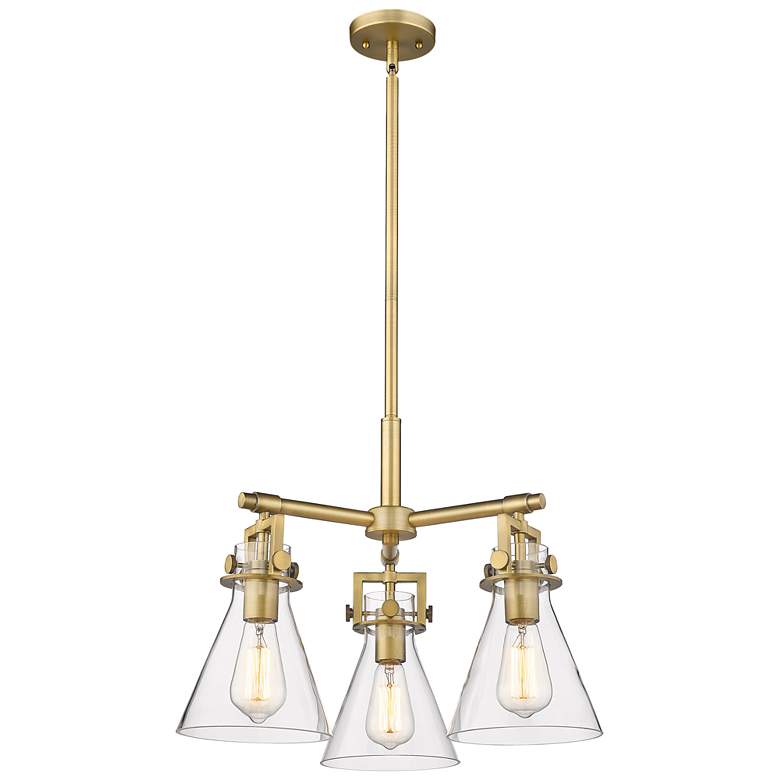Image 1 Newton Cone 20.38"W 3 Light Brushed Brass Stem Hung Pendant w/ Clear S