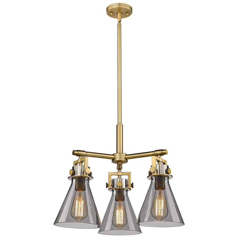 Image 1 Newton Cone 20.38"W 3 Light Brushed Brass Stemmed Pendant w/ Smoke Sha
