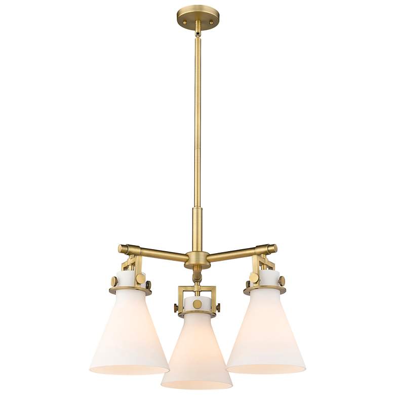 Image 1 Newton Cone 20.38"W 3 Light Brushed Brass Stemmed Pendant w/ White Sha