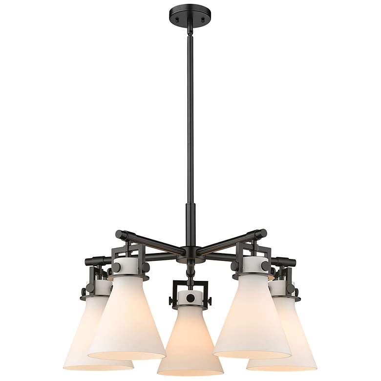 Image 1 Newton Cone 26"W 5 Light Black Stemmed Chandelier w/ White Shade