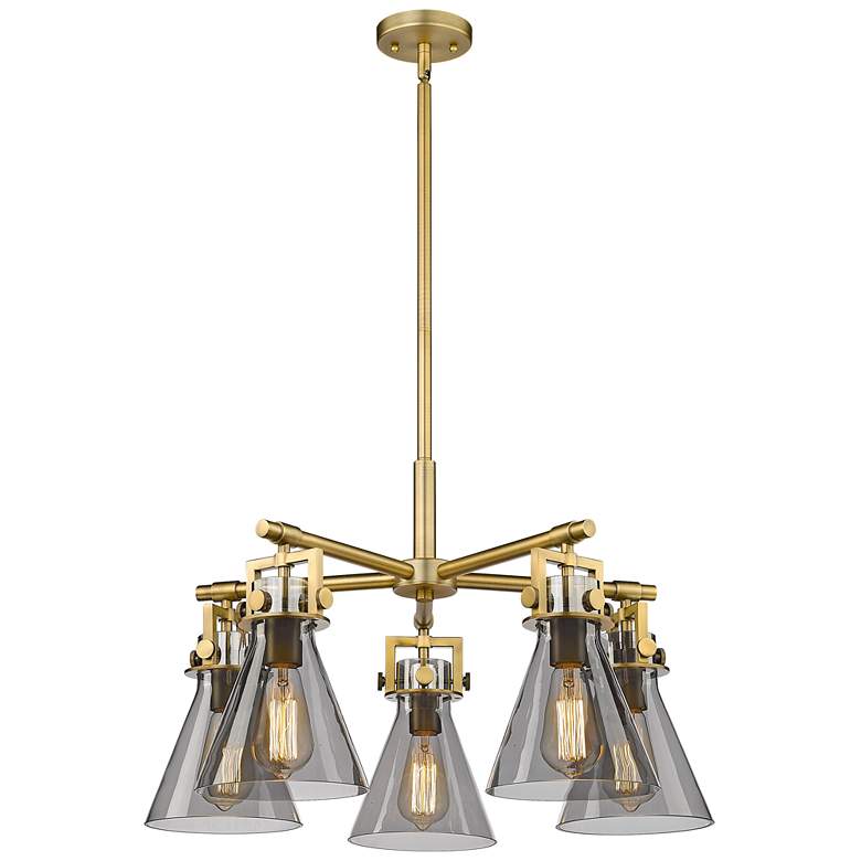 Image 1 Newton Cone 26"W 5 Light Brushed Brass Stemmed Chandelier w/ Smoke Sha