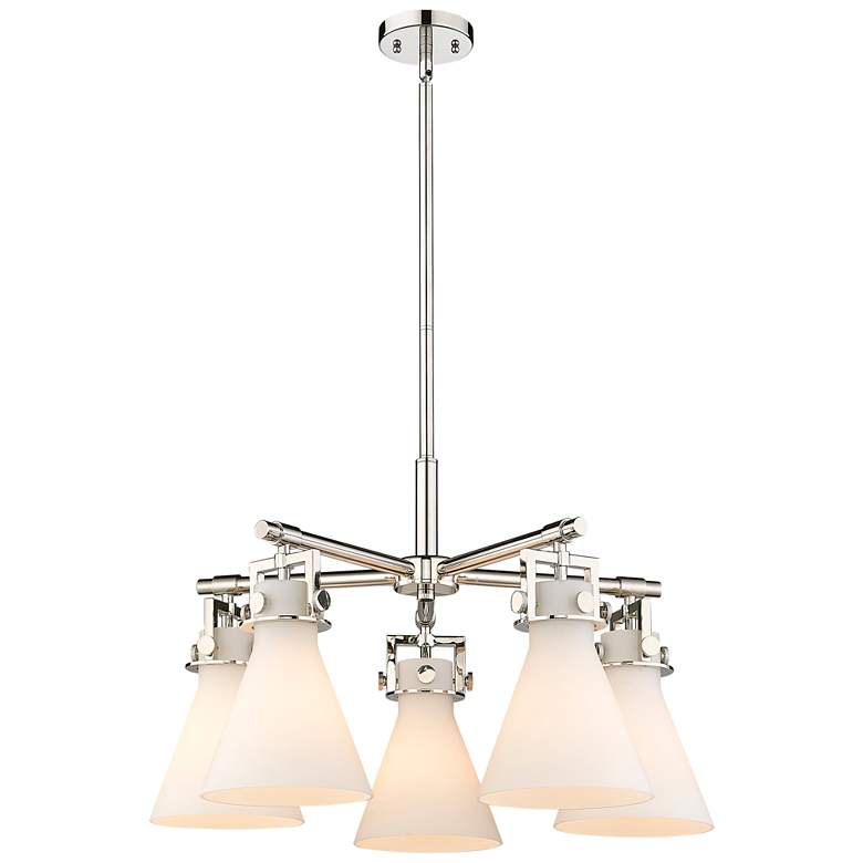 Image 1 Newton Cone 26"W 5 Light Polished Nickel Stemmed Chandelier w/ White S