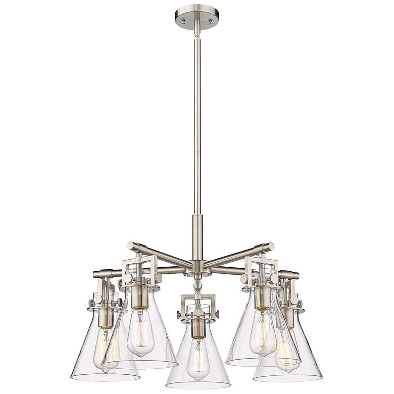 Image 1 Newton Cone 26"W 5 Light Satin Nickel Stem Hung Chandelier With Clear
