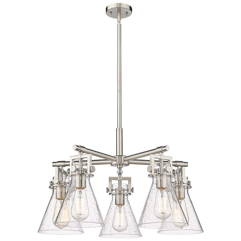 Image 1 Newton Cone 26"W 5 Light Satin Nickel Stem Hung Chandelier With Seedy