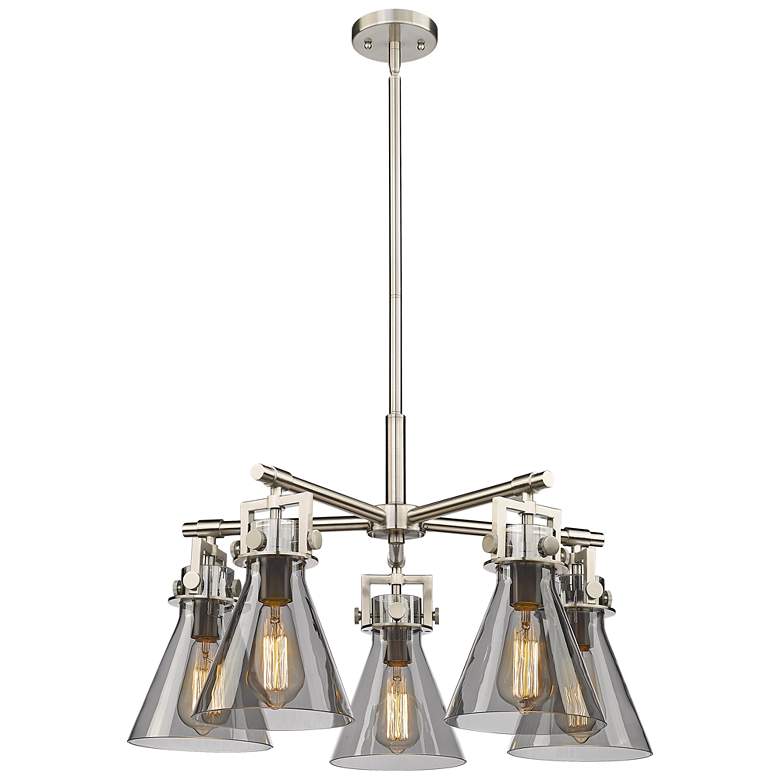 Image 1 Newton Cone 26"W 5 Light Satin Nickel Stemmed Chandelier w/ Smoke Shad