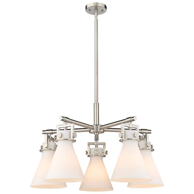 Image 1 Newton Cone 26"W 5 Light Satin Nickel Stemmed Chandelier w/ White Shad