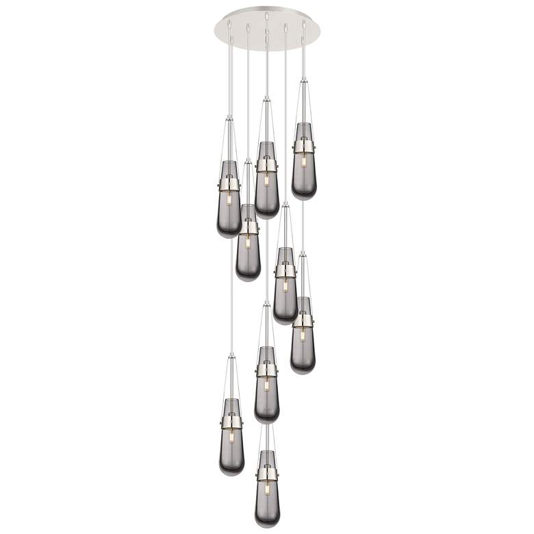 Image 1 Newton Cone 27.25"W 12 Light Polished Nickel Multi Pendant w/ Smoke Sh