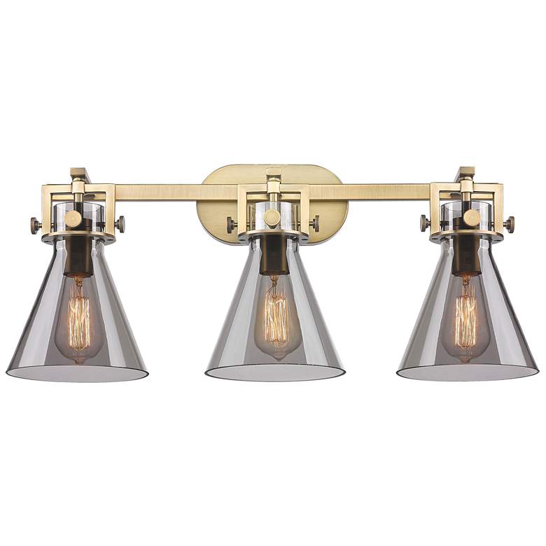 Image 1 Newton Cone 27" Wide 3 Light Brushed Brass Bath Light With Smoke Shade