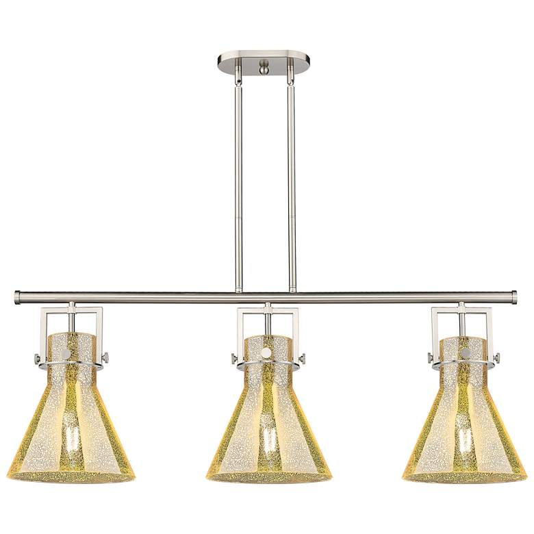 Image 1 Newton Cone 42"W 3-Lt Satin Nickel Stem Island-Lt w/ Mercury Shade