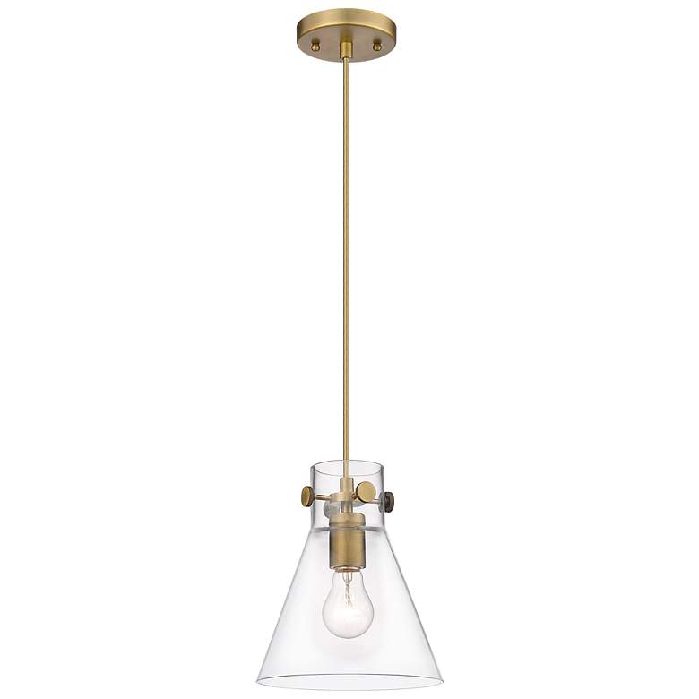 Image 1 Newton Cone 8 inch Wide Brushed Brass Cord Hung Pendant With Clear Glass S