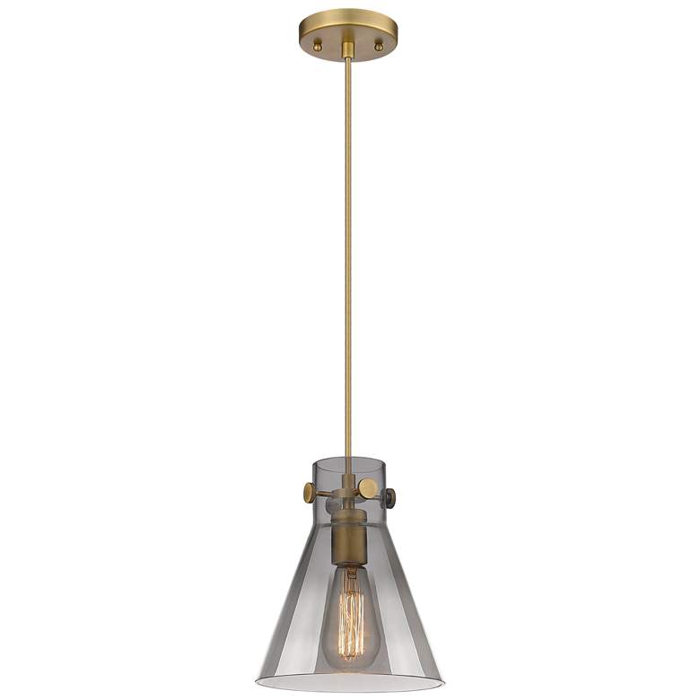 Image 1 Newton Cone 8" Wide Brushed Brass Cord Hung Pendant With Plated Smoke