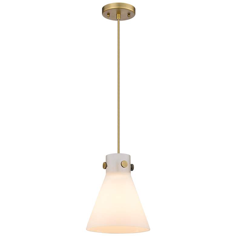 Image 1 Newton Cone 8" Wide Cord Hung Brushed Brass Pendant With White Shade