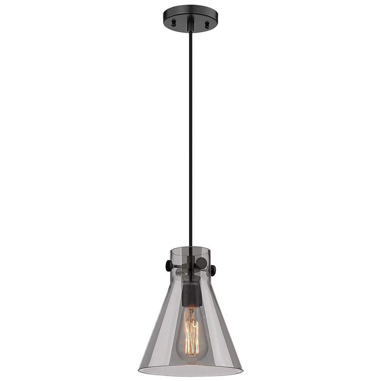 Image 1 Newton Cone 8" Wide Matte Black Cord Hung Pendant With Plated Smoke Sh