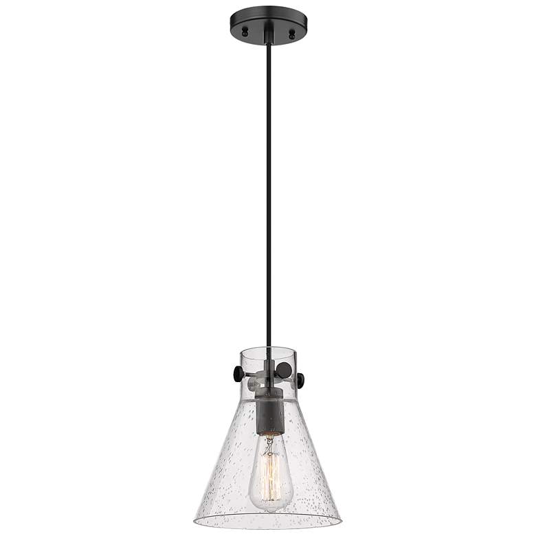 Image 1 Newton Cone 8" Wide Matte Black Cord Hung Pendant With Seedy Glass Sha