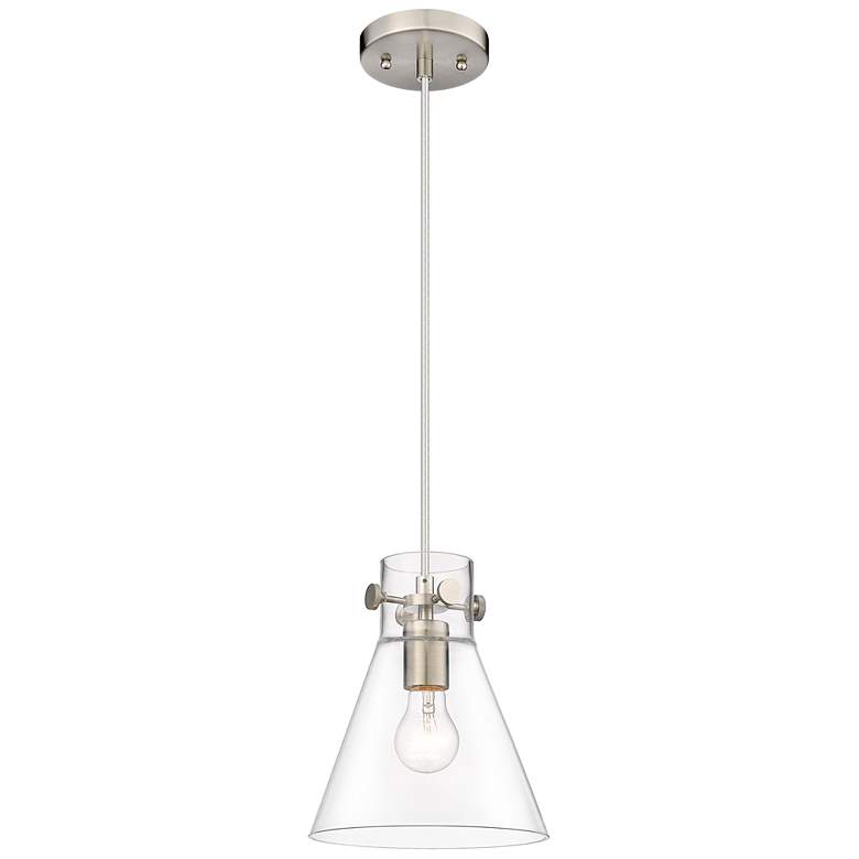 Image 1 Newton Cone 8" Wide Satin Nickel Cord Hung Pendant With Clear Glass Sh