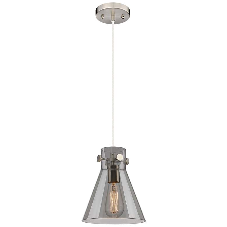 Image 1 Newton Cone 8" Wide Satin Nickel Cord Hung Pendant With Plated Smoke S