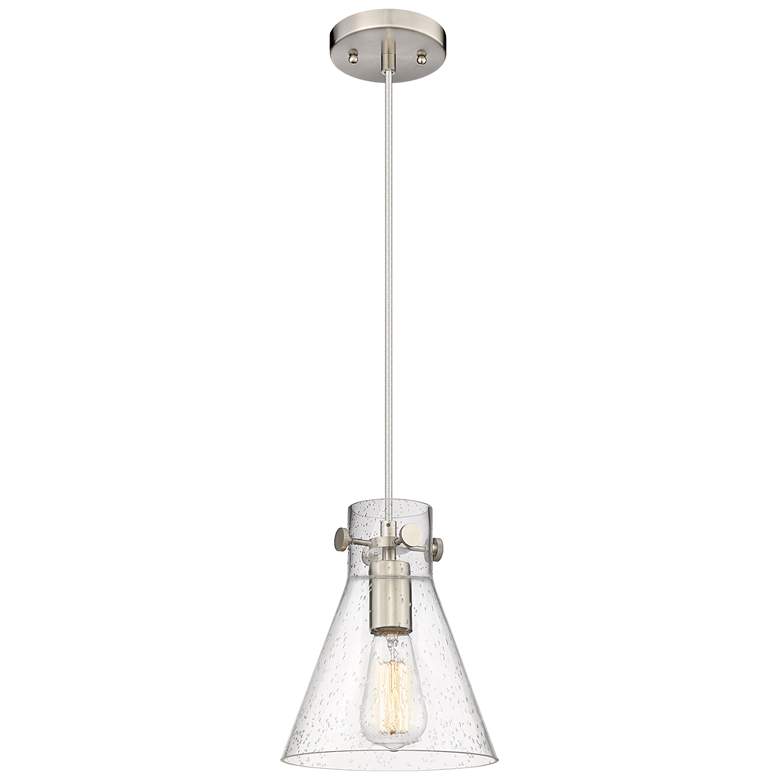 Image 1 Newton Cone 8" Wide Satin Nickel Cord Hung Pendant With Seedy Glass Sh