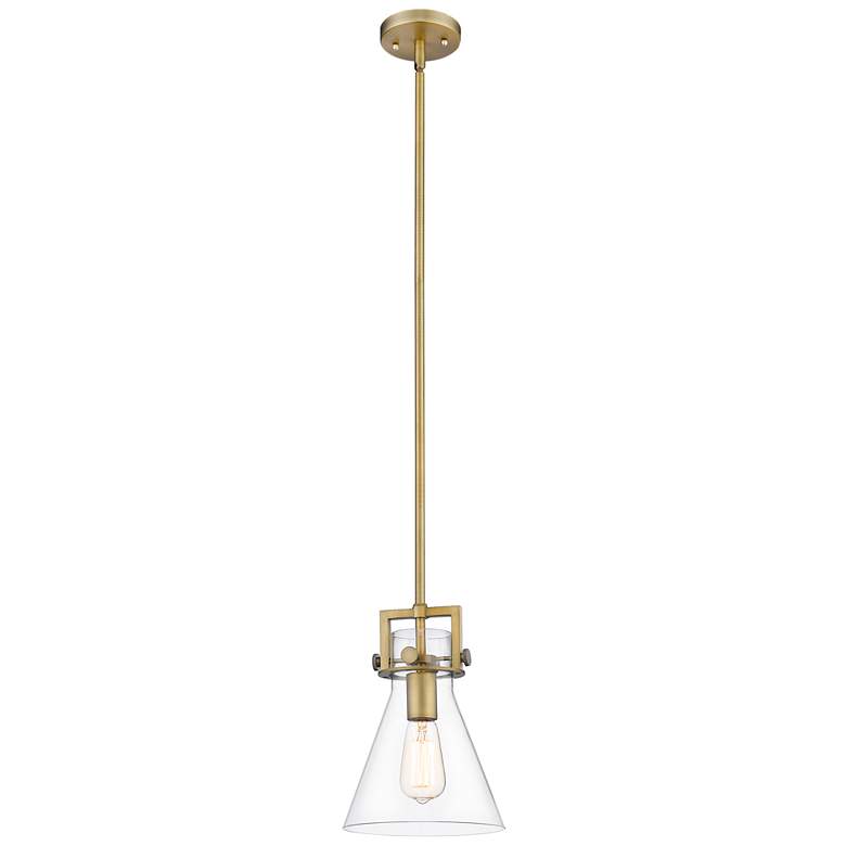 Image 1 Newton Cone 8" Wide Stem Hung Brushed Brass Pendant With Clear Shade
