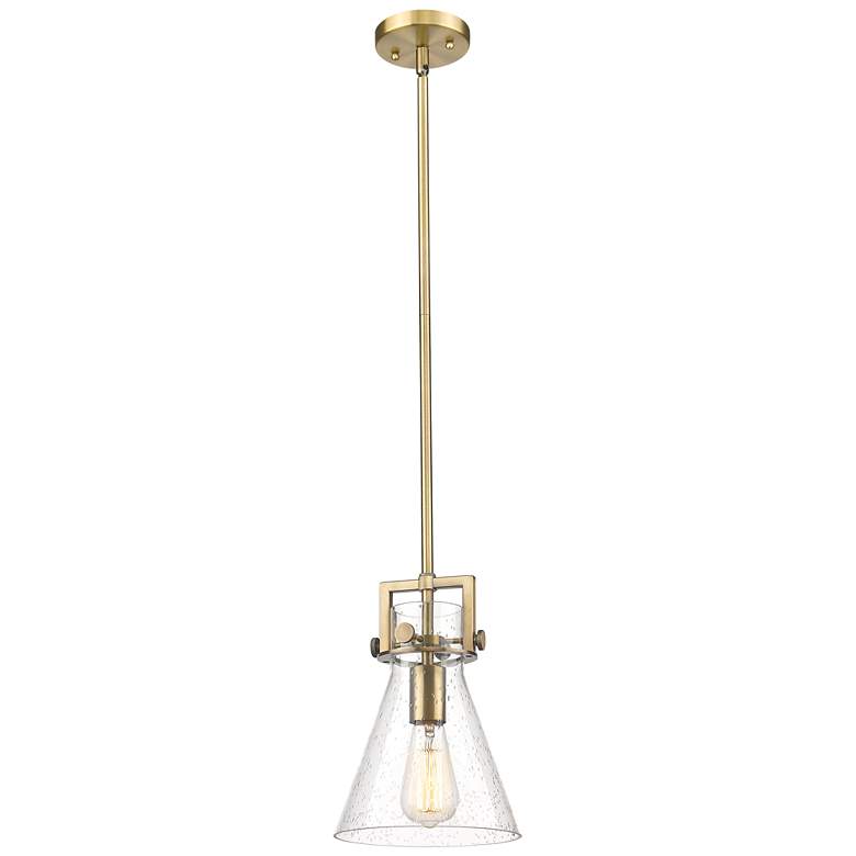 Image 1 Newton Cone 8" Wide Stem Hung Brushed Brass Pendant With Seedy Shade