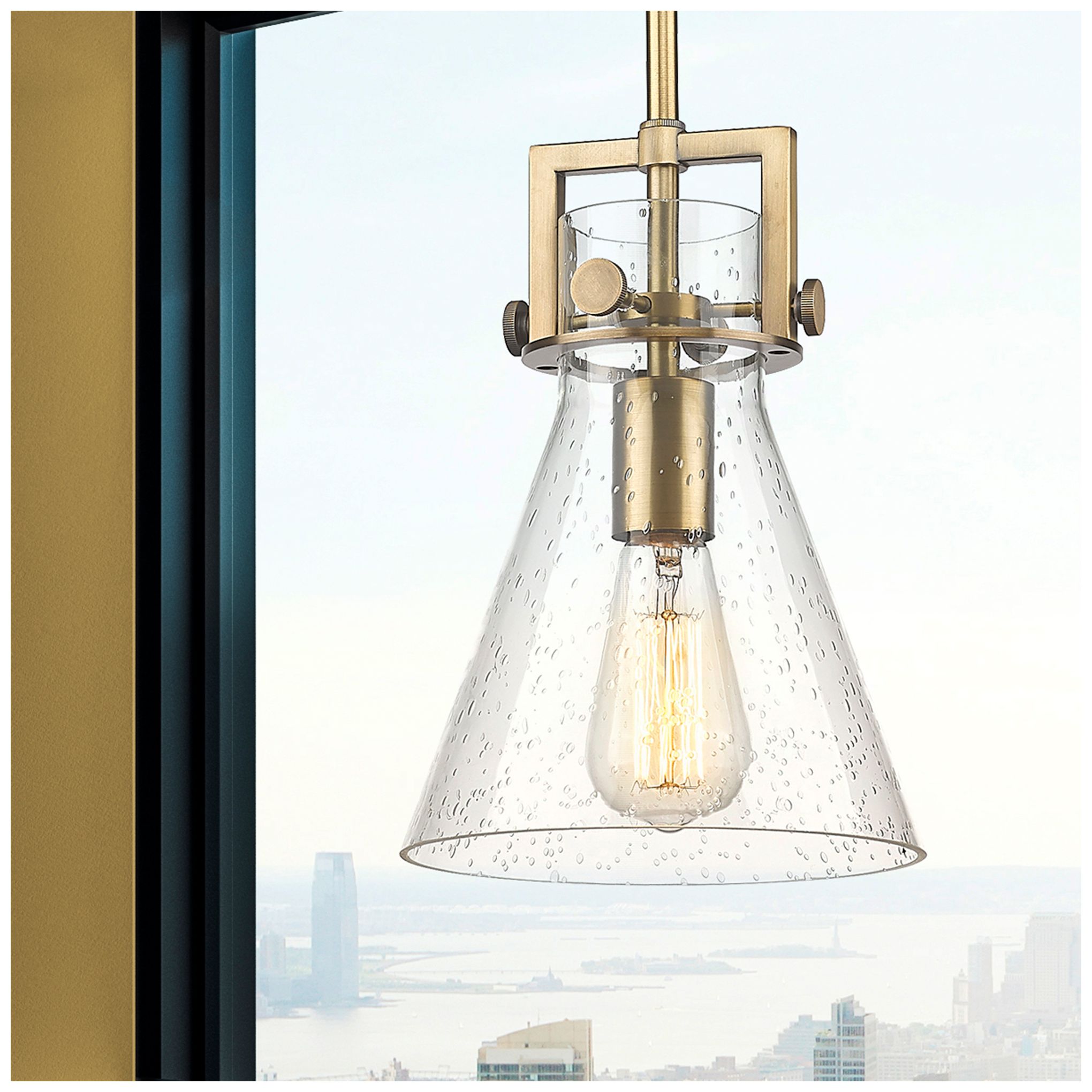 Image 2 Newton Cone 8" Wide Stem Hung Brushed Brass Pendant With Seedy Shade more views
