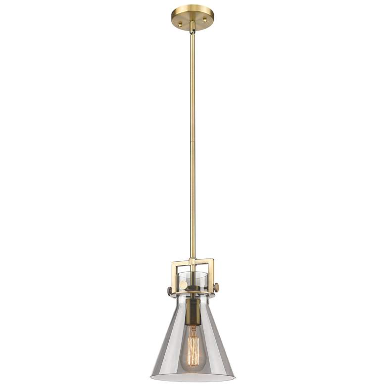 Image 1 Newton Cone 8" Wide Stem Hung Brushed Brass Pendant With Smoke Shade