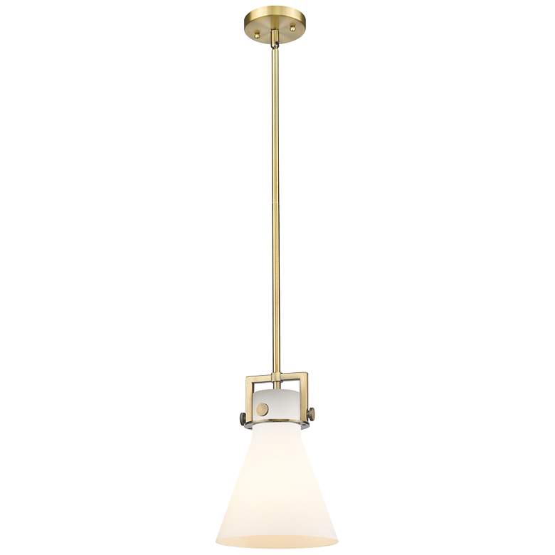 Image 1 Newton Cone 8" Wide Stem Hung Brushed Brass Pendant With White Shade