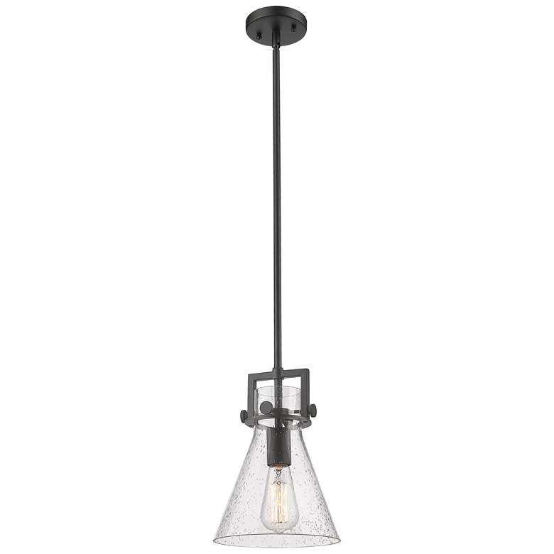 Image 1 Newton Cone 8" Wide Stem Hung Matte Black Pendant With Seedy Shade