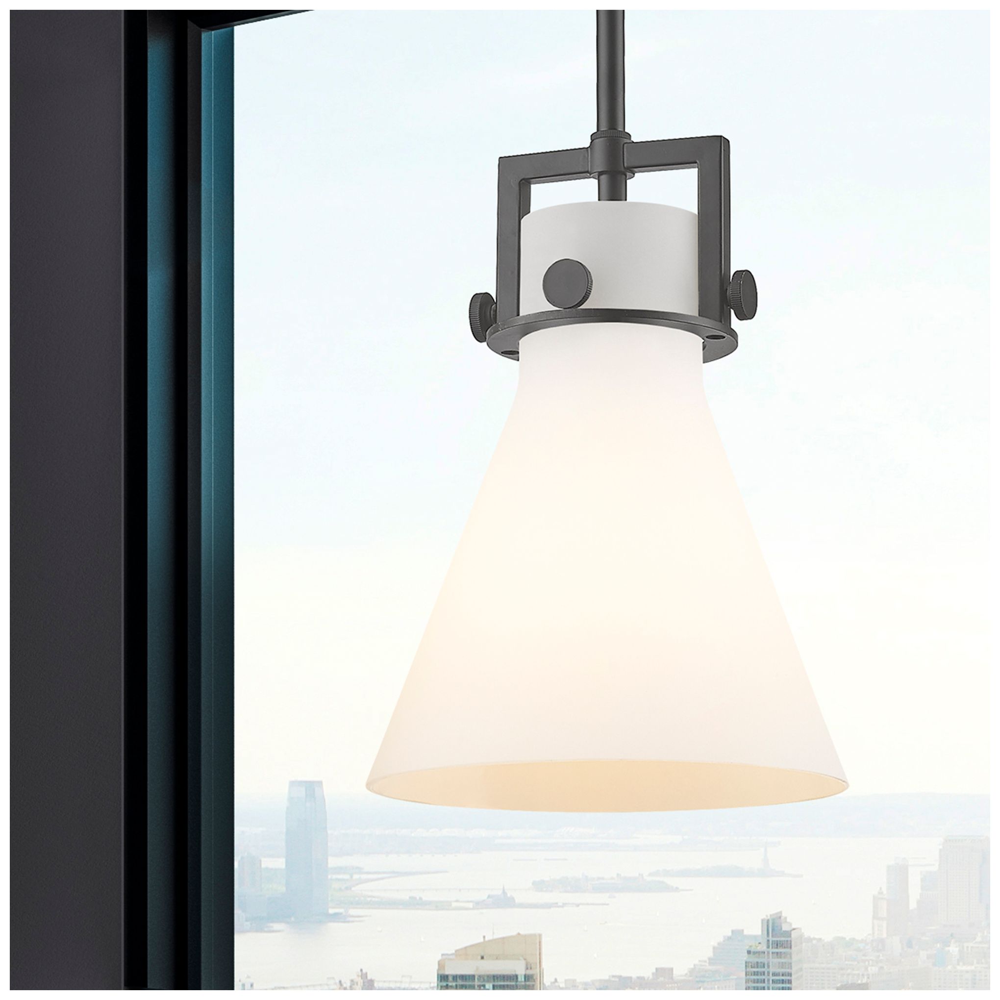 Image 2 Newton Cone 8" Wide Stem Hung Matte Black Pendant With White Shade more views