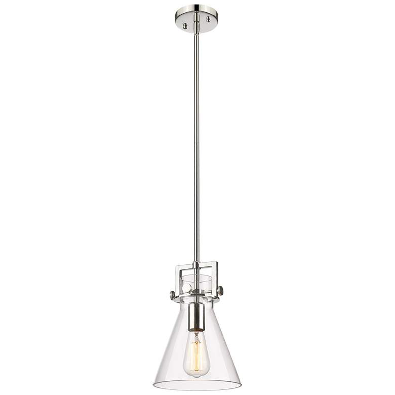 Image 1 Newton Cone 8" Wide Stem Hung Polished Nickel Pendant With Clear Shade
