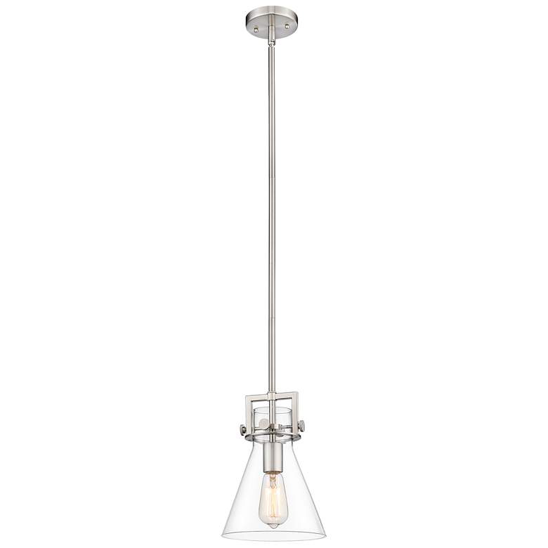 Image 1 Newton Cone 8" Wide Stem Hung Satin Nickel Pendant With Clear Shade