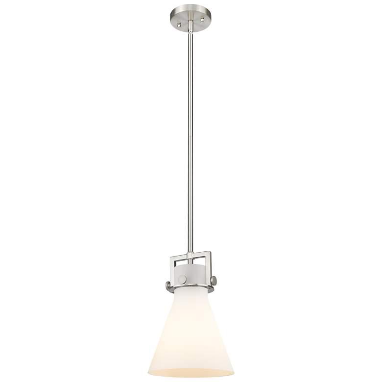 Image 1 Newton Cone 8" Wide Stem Hung Satin Nickel Pendant With White Shade