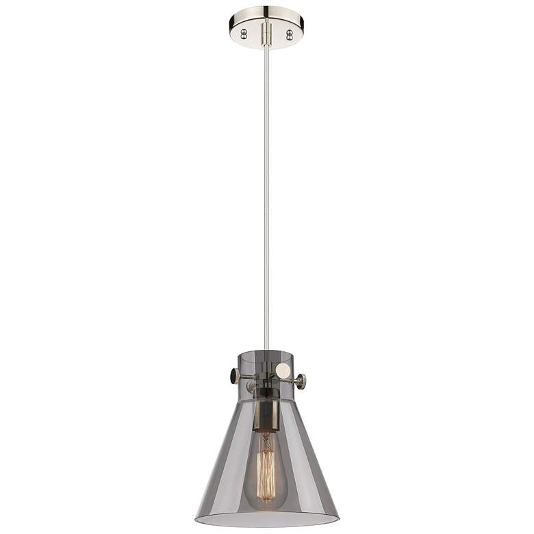 Image 1 Newton Cone 8"W Polished Nickel Cord Hung Pendant With Plated Smoke Sh