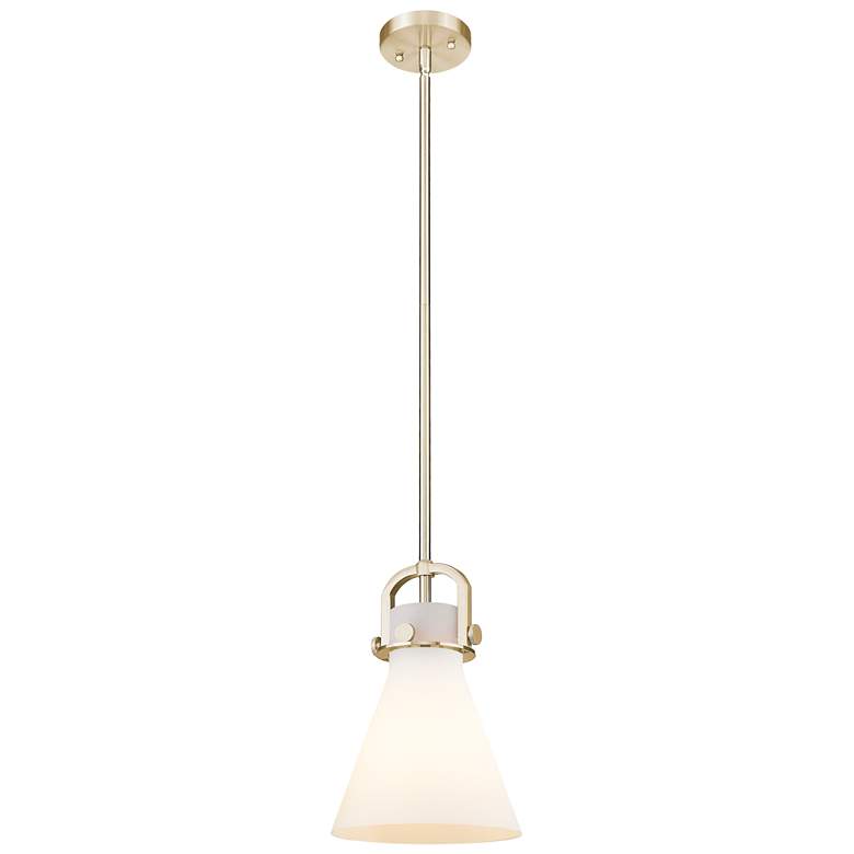 Image 1 Newton Cone 8"W Champagne Stem Arched Mini Pendant With White Shade