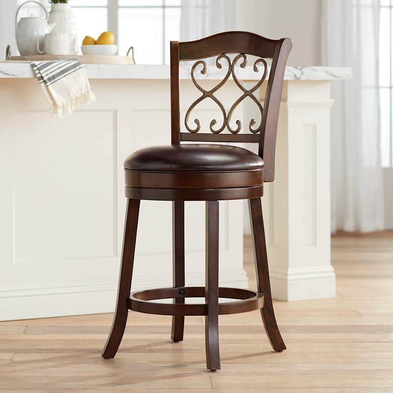 Image 1 Newton II 26" Brown Faux Leather and Wood Swivel Counter Stool