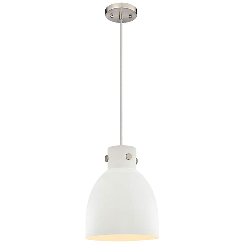 Image 1 Newton Metal Bell 10" Wide Satin Nickel Corded Pendant w/ Matte White