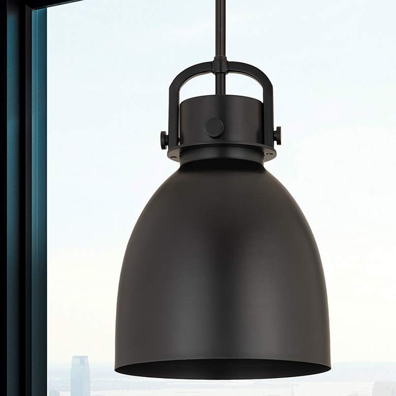 Image 1 Newton Metal Bell 10"W Matte Black Stem Hung Pendant w/ Matte Black Sh