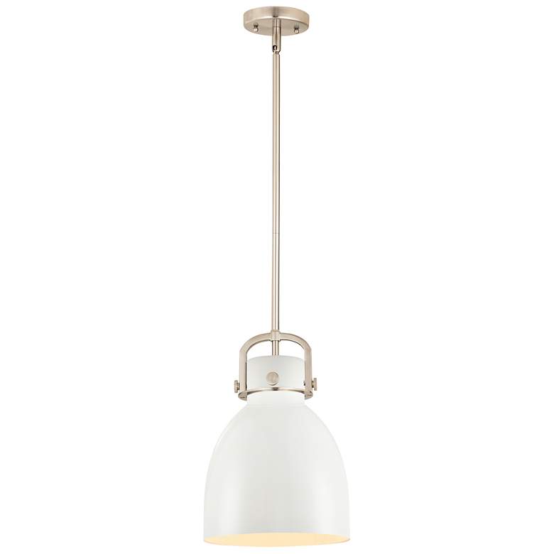 Image 1 Newton Metal Bell 10"W Satin Nickel Stemmed Pendant w/ Matte White Sha