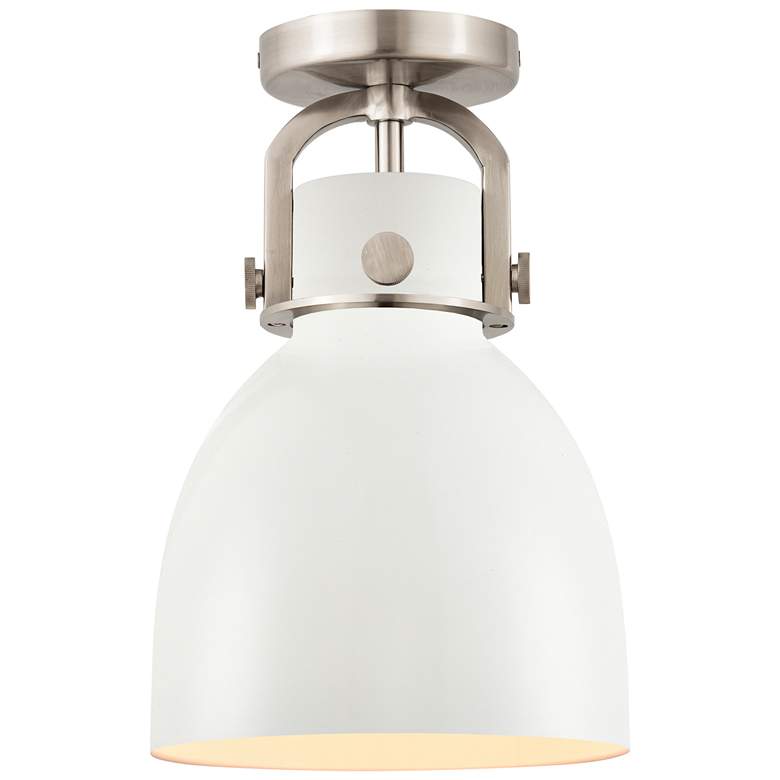 Image 1 Newton Metal Bell 8" Wide Satin Nickel Flush Mount With Matte White Sh