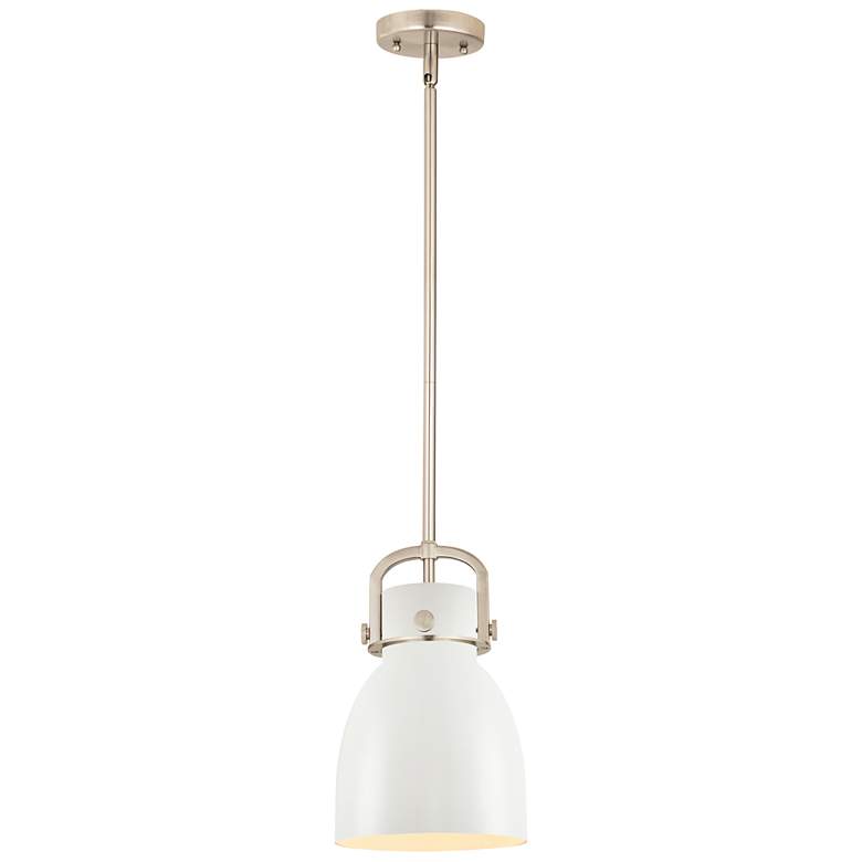 Image 1 Newton Metal Bell 8" Wide Satin Nickel Stemmed Pendant w/ Matte White