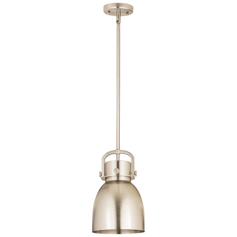 Image 1 Newton Metal Bell 8"W Satin Nickel Stem Hung Pendant w/ Satin Nickel S