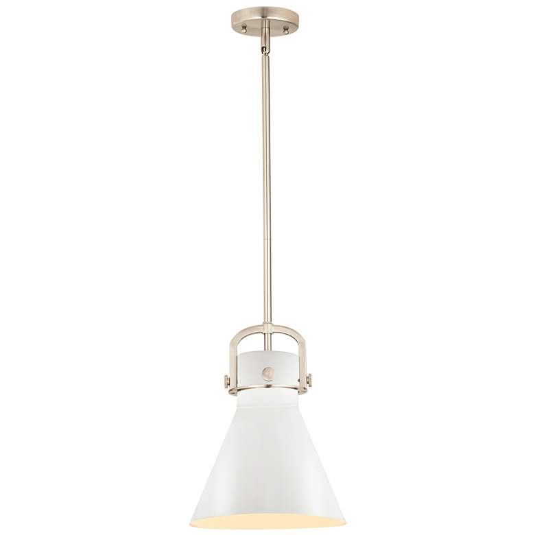 Image 1 Newton Metal Cone 10"W Satin Nickel Stemmed Pendant w/ Matte White Sha